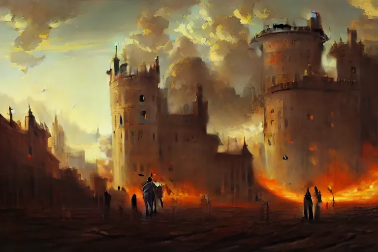 Image similar to baroque oil painting of anime key visual environment concept art of anime rail canon artillery firing over castle walls, smoke debris, grimdark steampunk fantasy, battlefield, trending on artstation, brush strokes, oil on canvas, style of makoto shinkai and greg rutkowski and studio ghibli