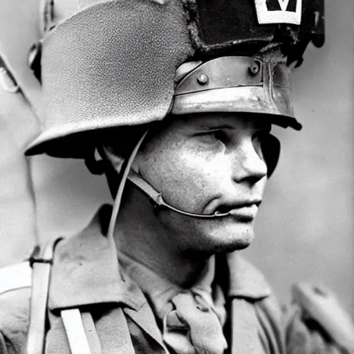 Prompt: close up of a maine coon kitten wearing soldier helmet in the battle, ww 2 historical photography, black & white