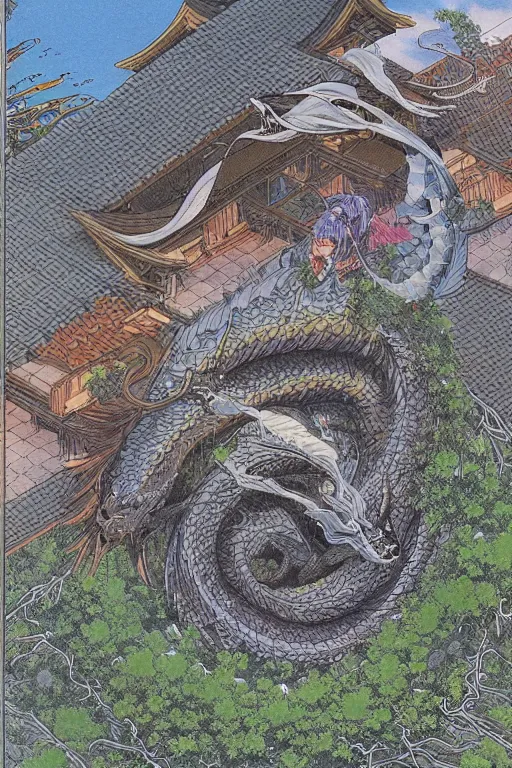 Image similar to beautiful hyperdetailed anime illustration of a dragon spiral over a rural japanese home, by moebius, masamune shirow and katsuhiro otomo