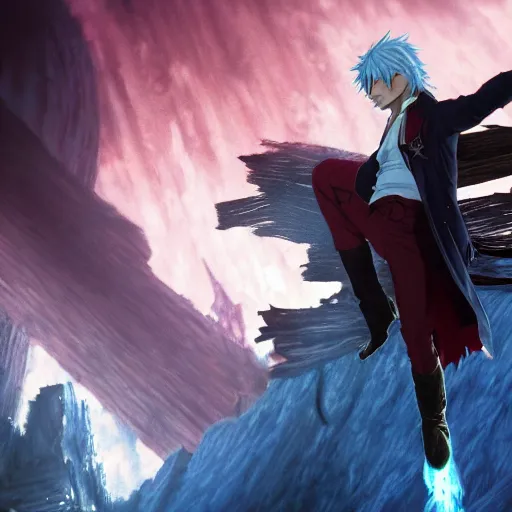 Image similar to a shot of dante from devil may cry in howl's moving castle movie, movie shot, anime, hightly detailed, rescalated 4 k, detailed, straight face, detailed face, artstation, deviantart, unreal - engine, octane render, studio ghibli