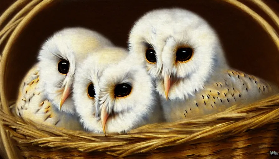 Prompt: highly detailed painting of cute furry white baby barn owls wearing shades cuddling up in a basket by william turner, thick brush strokes and visible paint layers, 4 k resolution