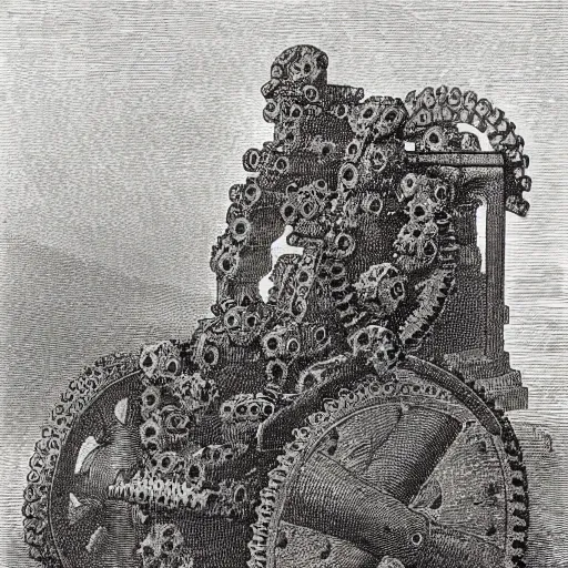 Prompt: A detailed engraving of a golem made of cogs and gears in the style of gustave dore