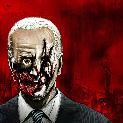 Image similar to joe biden as a rotting zombie, full body portrait, in a front of podeum, horror core, apocalyptic, feeling of grimdark, sharp focus, fiction, hyper detailed, digital art, trending in artstation, cinematic lighting, studio quality, smooth render, unreal engine 5 rendered, octane rendered, art style and nixeu and wlop and krenz cushart