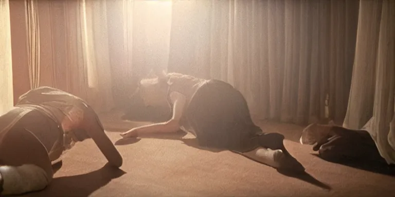 Prompt: photorealistic Cinematography of a two women kissing on the floor at night in a mid century modern apartment shot on film at magic hour with the sun shining into a room filled with volumetric haze by the shining Cinematographer john alcott on a cooke panchro 18mm lens .