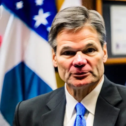 Image similar to fbi director Christopher wray in a clown costume, photo 85mm, f/1.3