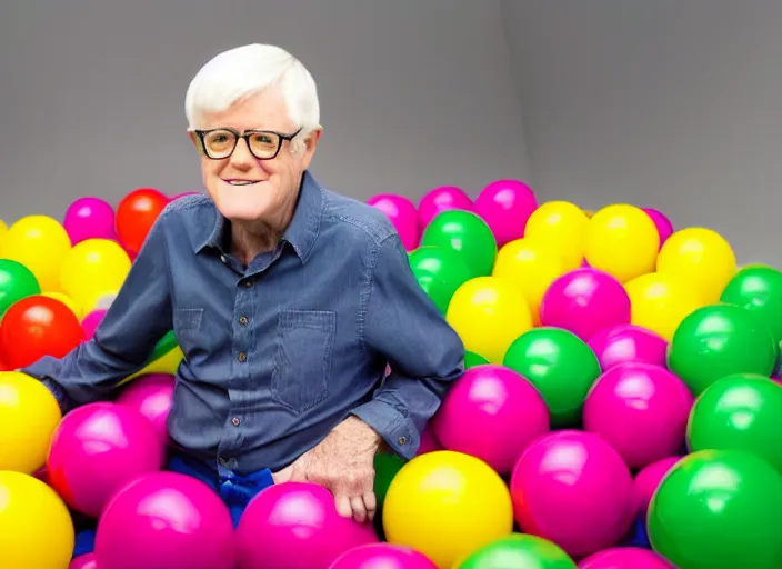 Image similar to photo still of phil donahue in a ball pit!!!!!!!! at age 6 6 years old 6 6 years of age!!!!!!!! hiding from parents, 8 k, 8 5 mm f 1. 8, studio lighting, rim light, right side key light