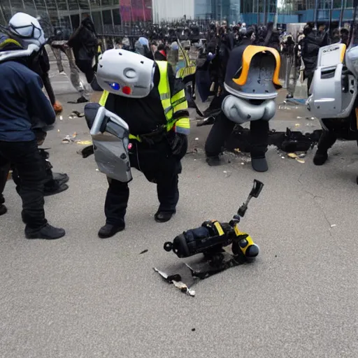 Image similar to Robotic security guard being dismantled by rioters