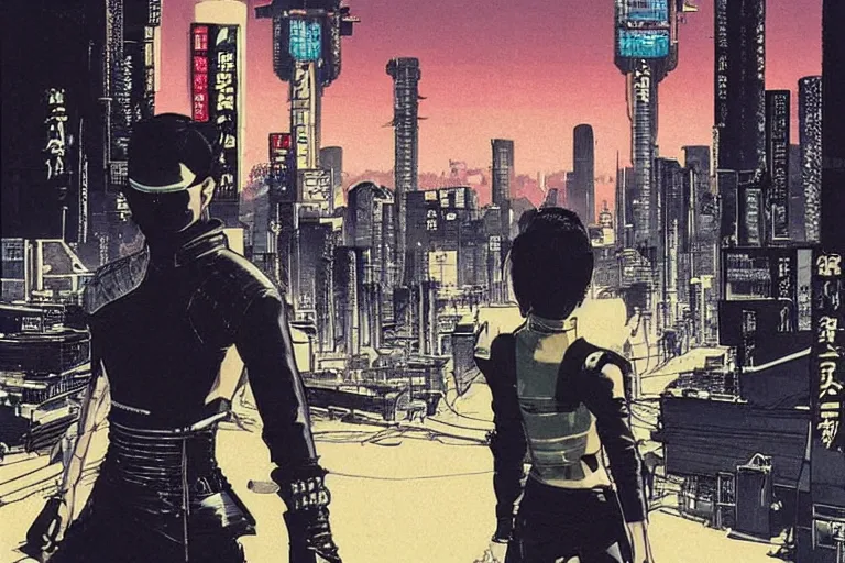 Image similar to punk leather samurai. dramatic low angle. tokyo can be seen in the distance. art in the style of vincent di fate's cyberpunk 2 0 2 0.