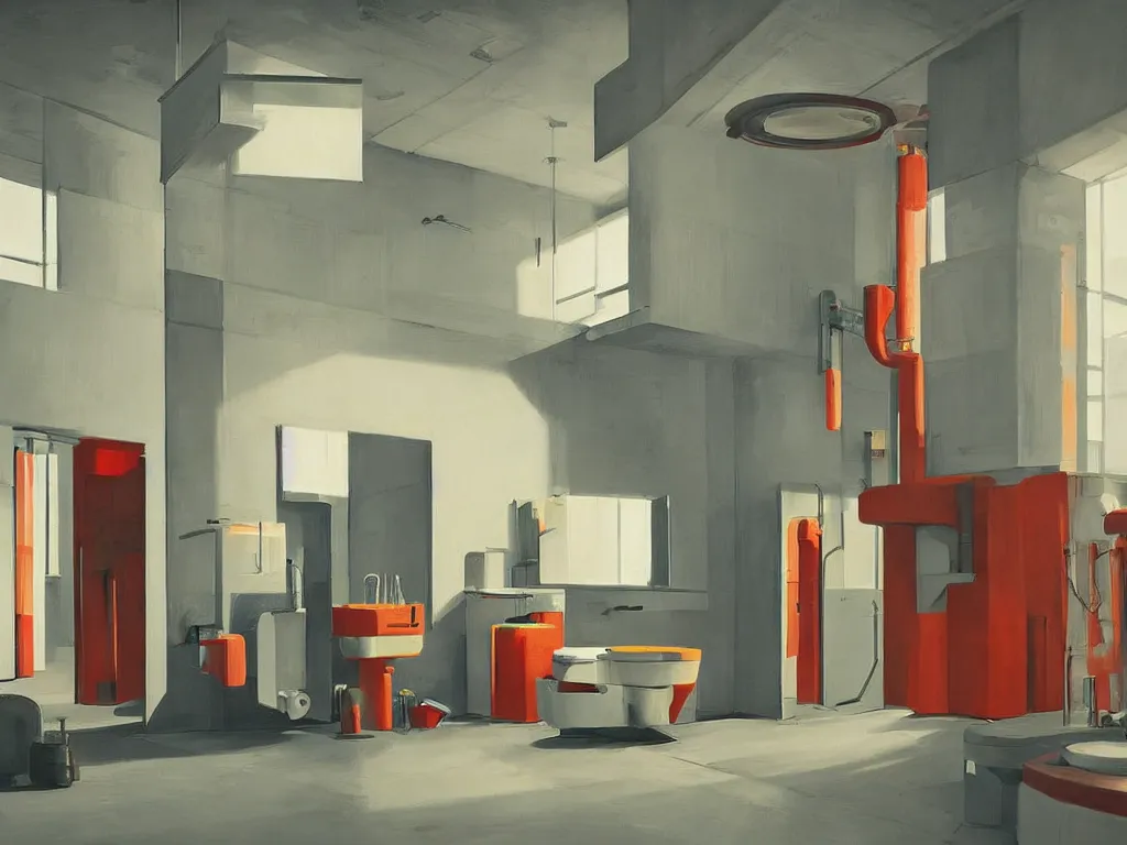 Image similar to colorful minimalist industrial interior toilet with monolithic stalls in the style of ridley scott and stanley kubrick, impossible stijl architecture, science fiction, cyberpunk, ultra wide angle view, cinematic lighting, realistic detailed painting by edward hopper