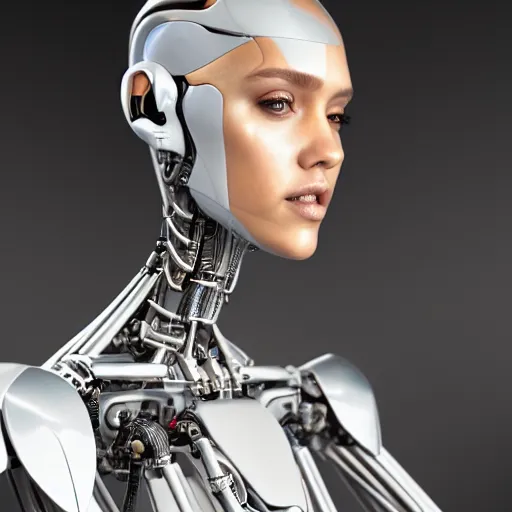 Image similar to oil paining of robotic humanoid ( white jessica alba ), intricate mechanisms, highly detailed, professional digital painting, unreal engine 5, photorealism, hd quality, 8 k resolution, cinema 4 d, 3 d, cinematic, professional photography, art by artgerm and greg rutkowski and alphonse mucha and loish and wlop