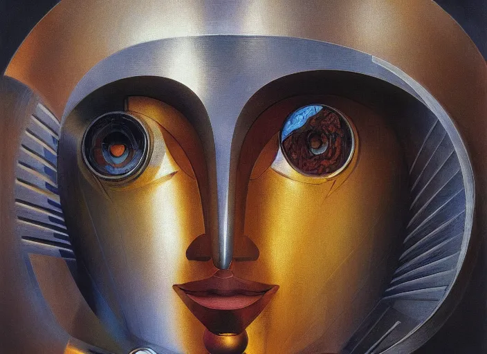 Image similar to a portrait headshot of sci fi metallic human, bright eyes, melancholic complex geometric figure liminal machinery by oskar schlemmer, moebius, john berkey, film grain, oil on canvas, portrait facial head, featured on artstation, hd wallpaper, 8 k