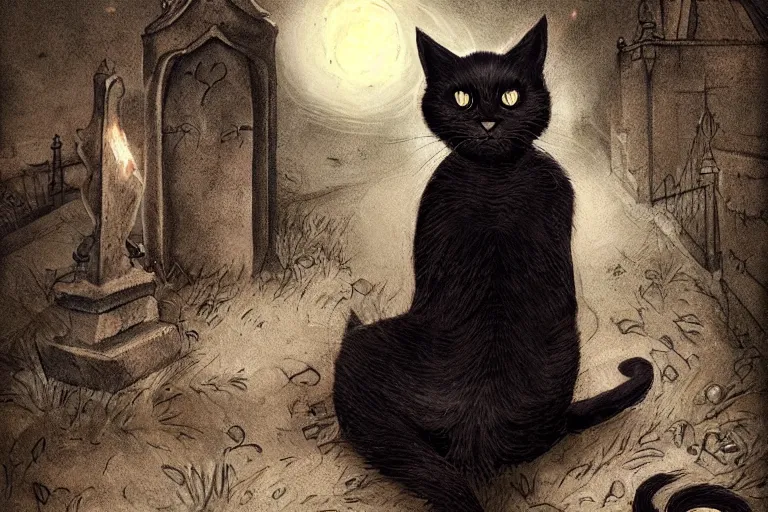 Image similar to black cat in graveyard at midnight halloween tattoo on shoulder by anton pieck, intricate, extremely detailed, digital painting, artstation concept art