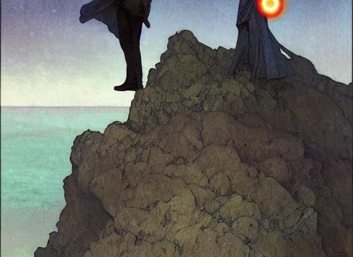 Prompt: dark silhuette of a man standing on a gray dull cliff looking out into a colorful cosmos, art by john collier and albert aublet and krenz cushart and artem demura and alphonse mucha