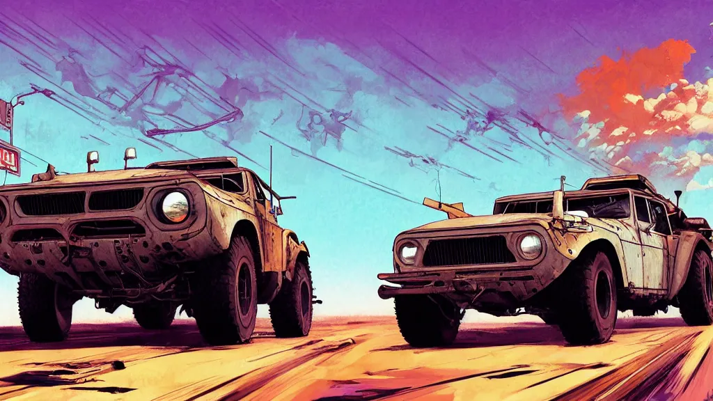 Prompt: digital illustration of mad max's fj 4 0 pursuit special, the last v 8 interceptor driving down a deserted cyberpunk highway in the middle of the day by studio ghibli, anime style year 2 0 9 3, by makoto shinkai, ilya kuvshinov, lois van baarle, rossdraws, basquiat