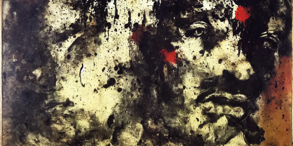 Prompt: an abstract portrait close, peaceful, medium shot, painted by Eugene Delacroix, Antoni Tapies, oil paint, realistic, spot of black melting paint drips all over