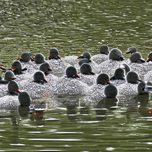 Image similar to army of ducks fighting with each other, highly realistic