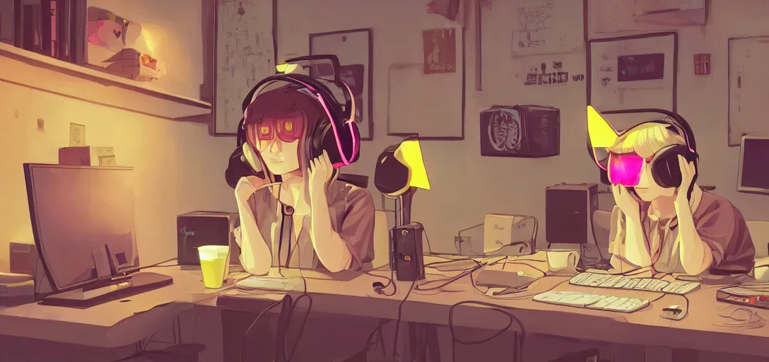 Image similar to a blond woman with cat ear headphones, sitting in front of computer, gamer, computer nerd, cute room, neon lights, gamer aesthetic, lofi vibes, strong crisp lineart and flat color, by ilya kuvshinov, krenz cushart, Greg Rutkowski, trending on artstation