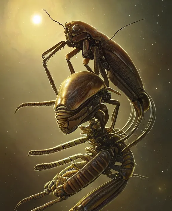 Image similar to portrait of a alien insect, adorable, childlike, milky way environment, ultra realistic, concept art, intricate details, cheerful, highly detailed, photorealistic, octane render, 8 k, unreal engine. art by christopher marley and artgerm and hr giger and greg rutkowski and alphonse mucha