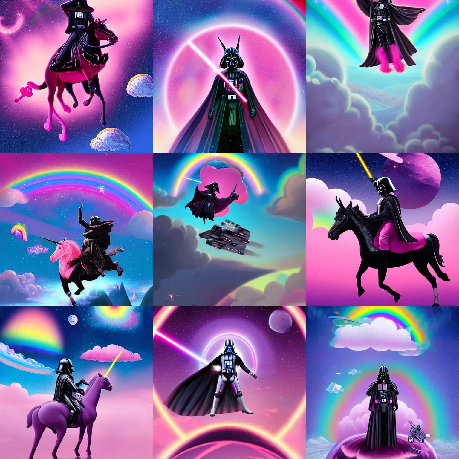 Prompt: beautiful matte painting of a pink darth vader wearing pink riding a unicorn over a rainbow in space by lisa frank and dan mumford, unreal engine, concept art, CGsociety, trending on artstation