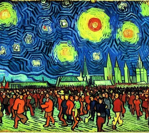 Image similar to a giant triangular dumpling with meat in the center eats people in the city of the future, people run and scream, by van gogh, realism, futurism