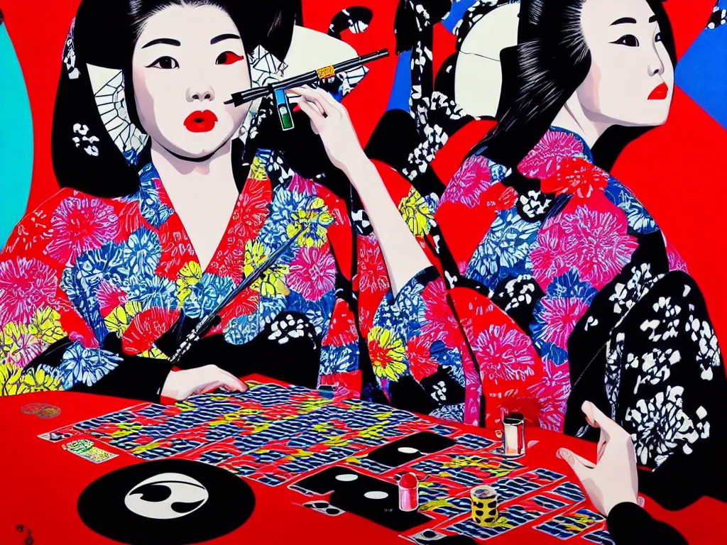 Image similar to hyperrealistic composition of the detailed woman in a japanese kimono sitting at a extremely detailed poker table with detailed darth vader, fireworks, mount fuji on the background, pop - art style, jacky tsai style, andy warhol style, acrylic on canvas