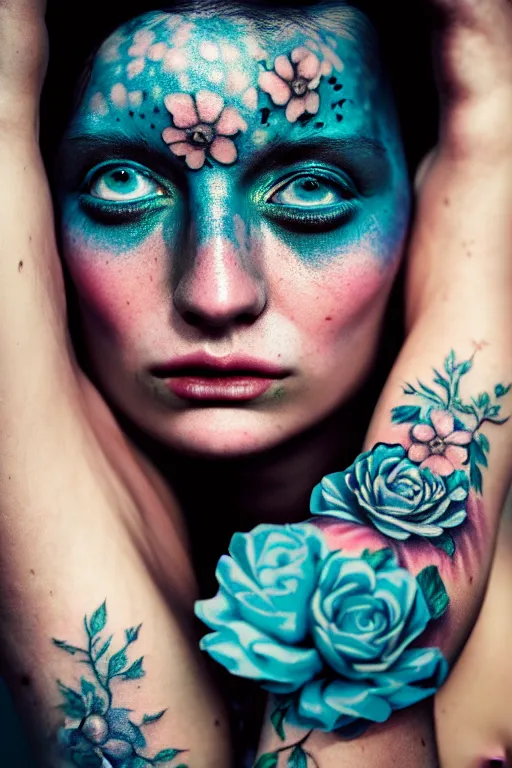 Image similar to hyperrealistic hyper detailed close-up portrait of woman covered in rococo flower tattoos matte painting concept art key sage very dramatic dark teal lighting low angle hd sharp 35mm shallow depth of field 8k
