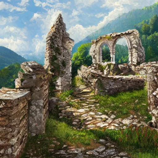 Image similar to ruins on top of mountain in the village of verclause france, digital painting, realism, 4 k,