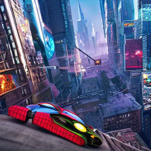 Prompt: Spider-Man, Batman, Ninja Turtles, cyberpunk city background, masterpiece, painting, unreal engine, 3d render, photograph, lens flares, flying future cars