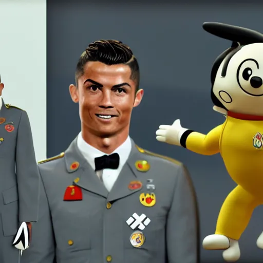 Image similar to cristiano ronaldo wearing a nazi uniform hanging out with a realistic doraemon, realism, 4 k, octane render, award winning photograph