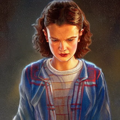 Image similar to character of Eleven from Stranger things by (((Ralph Horsley))), detailed!!!,fantasy,lighting!!!