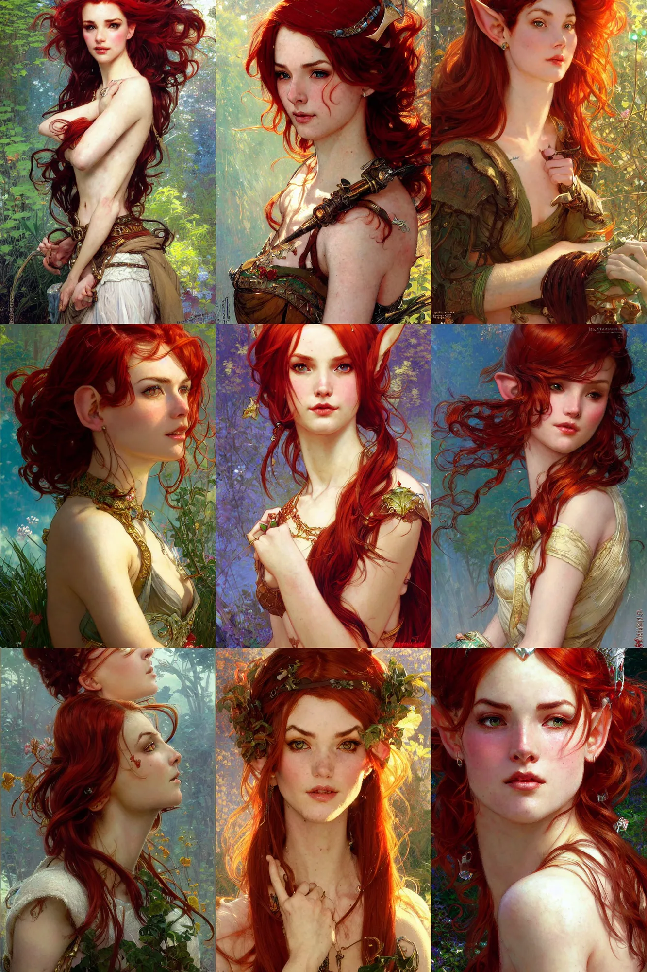 Prompt: alluring closeup portrait of beautiful high-fantasy elf girl with red hair intricate details by Stanley Artgerm Lau by greg rutkowski by thomas kindkade by alphonse by mucha loish by norman rockwell J.