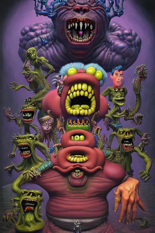 Image similar to a hyperrealistic painting of an epic boss fight against monster hey arnold!! ornate supreme dark overlord, cinematic horror by chris cunningham, lisa frank, richard corben, highly detailed, vivid color,