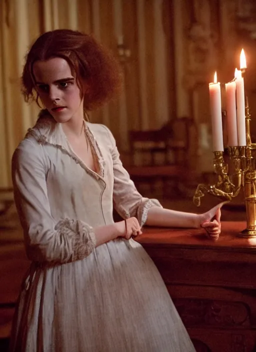 Image similar to Emma Watson as Hermione Granger in Kubrick's Barry Lyndon, natural candle lighting, movie still