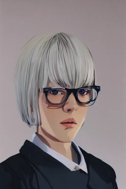 Prompt: a cute girl with cut to shoulder white hair wearing school uniform, wearing glasses, strong brush stroke, sharp focus, illustration, morandi color scheme, art station, by ilya kuvshinov