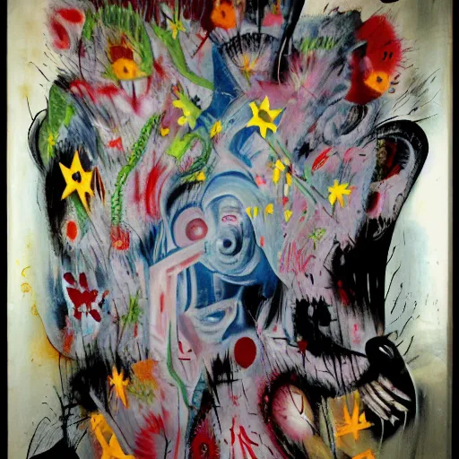 Image similar to by roberto matta, by david aja. this street art is a large canvas, covered in a wash of color. in the center is a cluster of flowers, their petals curling & twisting in on themselves. the effect is ethereal & dreamlike, & the overall effect is one of serenity & peace.