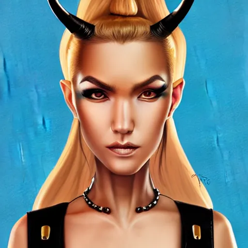 Image similar to illustrated realistic portrait of swept-back prong-horned devil woman with blue bob hairstyle and her tan colored skin and with solid black eyes wearing leather by rossdraws