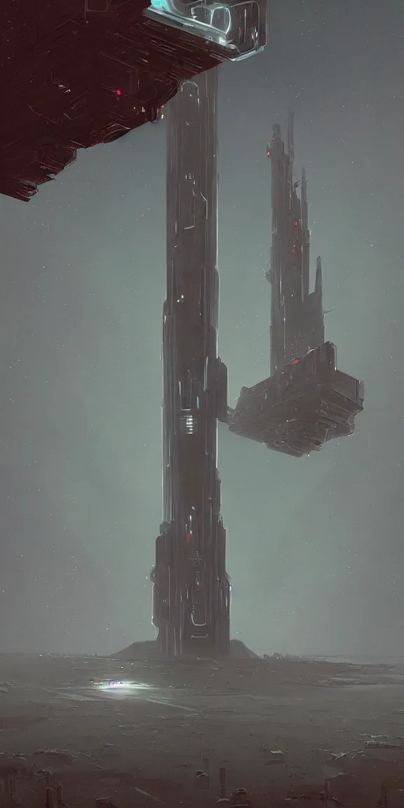 Image similar to mysterious thin tall space elevator, carbon fiber, landscape, sci - fi concept art, by john harris, by simon stalenhag, stunning, award winning