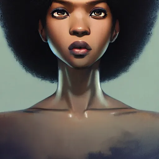 Image similar to A black woman with big Afro cute brown eyes, fine-face, realistic shaded perfect face, fine details. realistic shaded lighting poster by Ilya Kuvshinov katsuhiro otomo ghost-in-the-shell, magali villeneuve, artgerm, Jeremy Lipkin and Michael Garmash, Rob Rey and Kentarõ Miura style, trending on art station