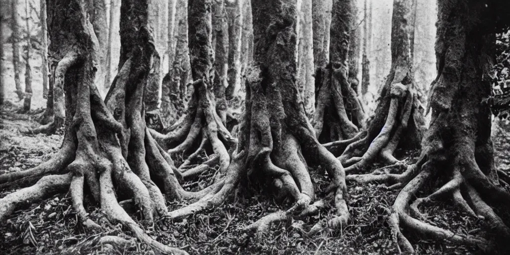 Prompt: 1 9 2 0 s photography of monster root creatures creeping and lurking in dark forest in the dolomites