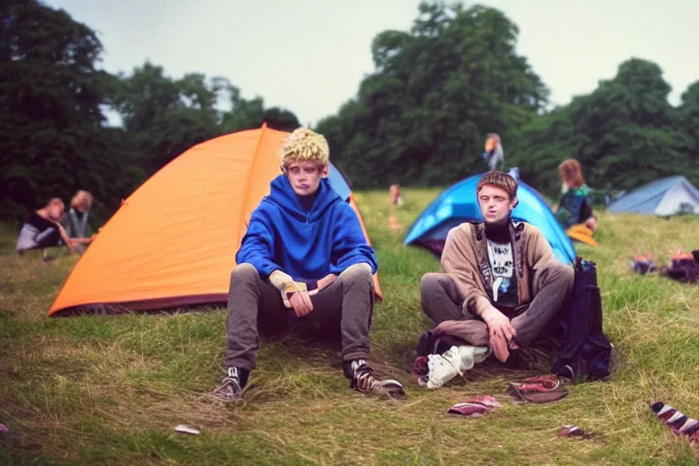 Image similar to candid photo of 3 teenagers camping at Glastonbury, UK, Kodak Portra 200,8K,highly detailed: beautiful perspective closeup environmental portrait photo in style of 2000s retrofuturism, cinema lighting , by beksinski, photography fashion edition, tilt shift, highly detailed, focus on man ;blonde hair;blue eyes, clear eyes, soft lighting