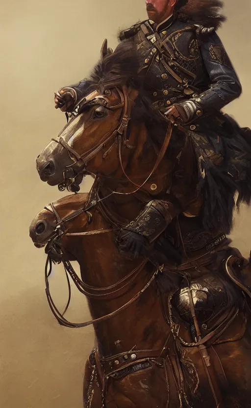 Prompt: Portrait of a victorian army officer on horseback, male, detailed face, 19th century, highly detailed, cinematic lighting, digital art painting by greg rutkowski