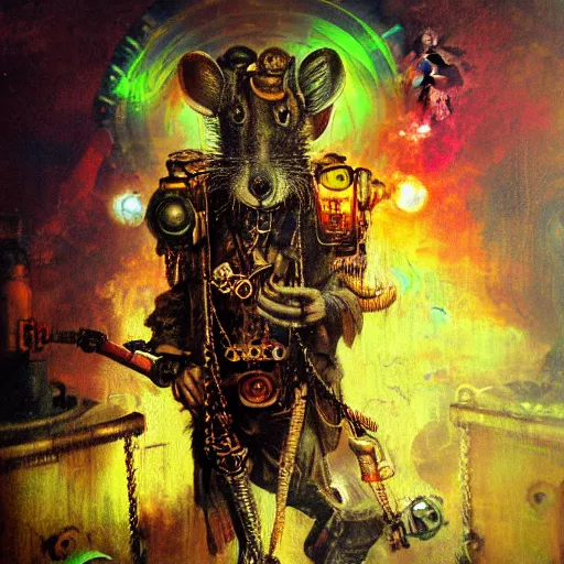 Image similar to steampunk rat, acid, 303, psychedelic, by ruan jia