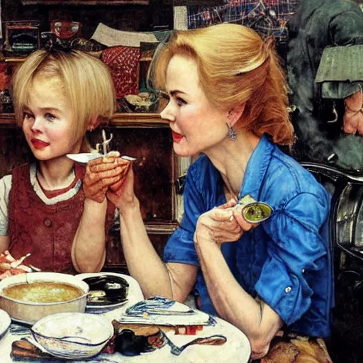 Image similar to Nicole Kidman and Judi Bowker sitting at a table eating soup::artist is Norman Rockwell