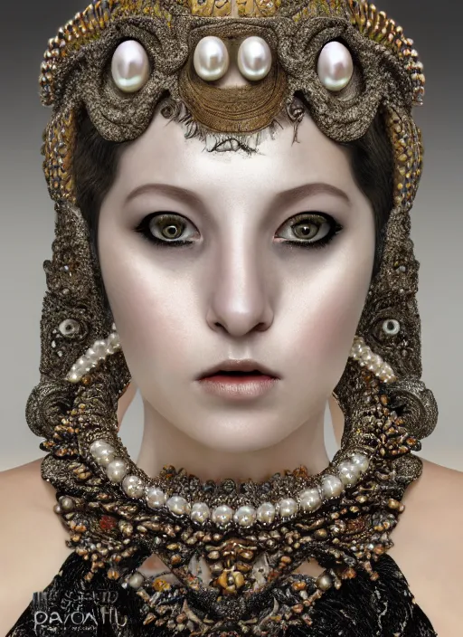 Prompt: hyperrealism, detailed textures, award winning autochrome portrait photo, symetrical japanese pearl beautiful smiling medusa queen autochrome pearl portrait, pearl silverplate, intricate, detailed facial pearl scary animal mask, pearl, golden jewelery, silverplate, ultra realistic, cinematic, intricate, cinematic light by ray ceasar, unreal engine 8 k