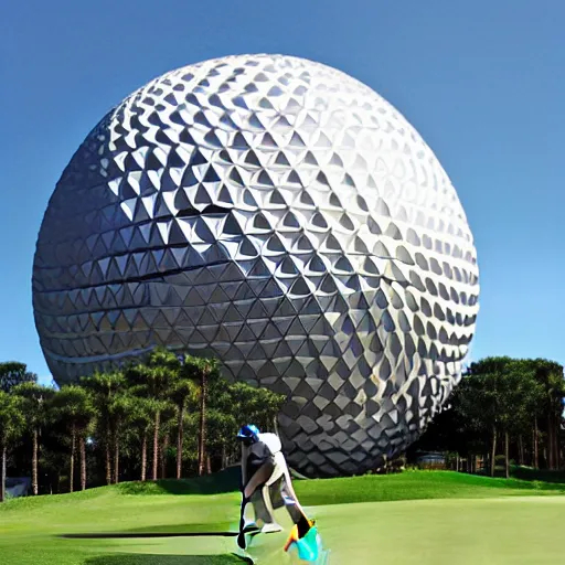 Prompt: a giant playing golf using the spaceship earth attraction at epcot as the ball in real life, highly detailed, extremely high resolution, ultra realistic