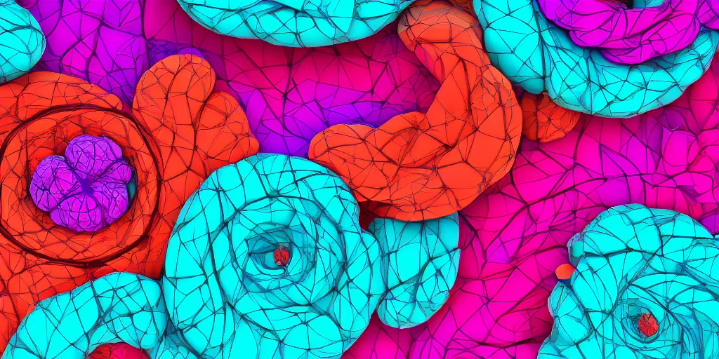 Image similar to abstract 3 d render of flowers and swirls, arnold render, v - ray, realistic abstract render, turquoise and magenta color scheme, intrincate, detailed, elegant, geometric