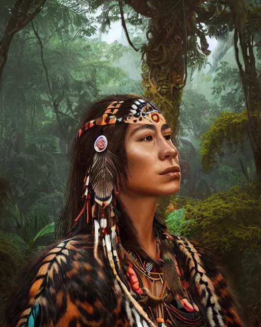 Prompt: Beautiful art portrait of a fantasy native american female jaguar shaman in a bright temple surrounded by lush forest, atmospheric lighting, intricate detail, cgsociety, hyperrealistic, octane render, RPG portrait, ambient light, dynamic lighting,