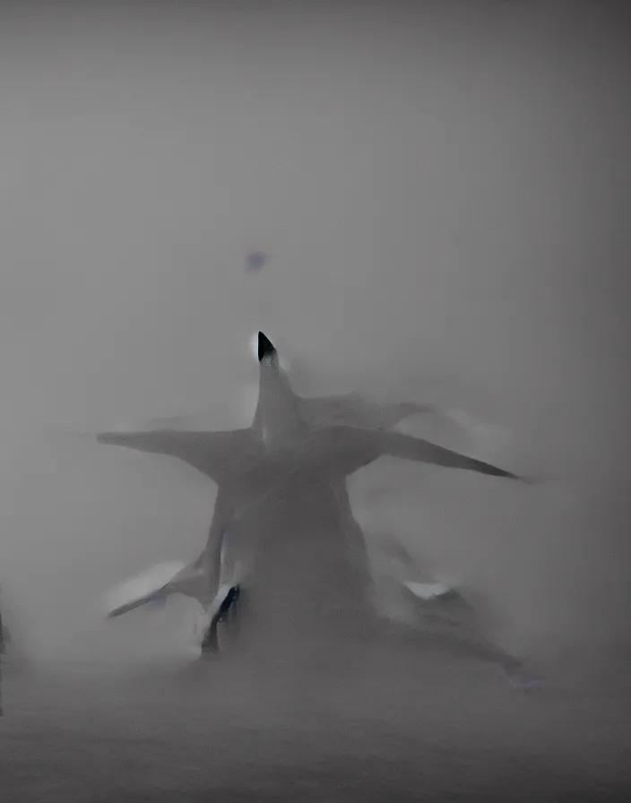 Image similar to very low - resolution found footage of a couple escaping in the city from a starfish kaiju monster, fog, foggy, korean film noir, monochrome, red hue, thriller, underdeveloped, epic, dramatic