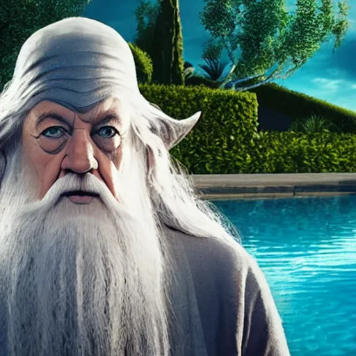 Image similar to picture of gandalf the grey relaxing at a poolside, 3 d, cinematic lighting