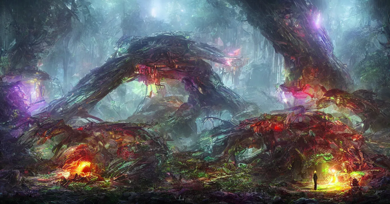 Prompt: futuristic archaeologists are excavating buried alien nest hidden in deep dark rainy forest, deep sense of horror atmosphere, visual fidelity and plasticity, colorful digital art, vivid colors, in style of fenghua zhong